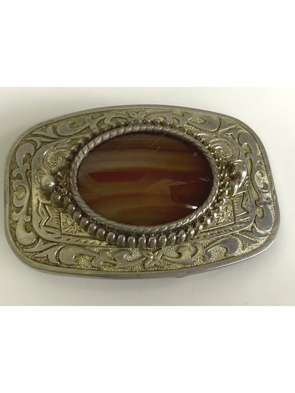 Vintage 1970s Western Belt Buckle Gold Tone Medal banded Agate